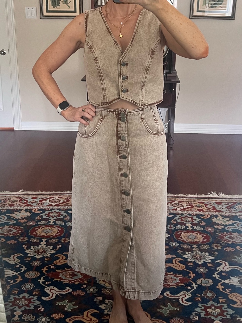 Treasured & Bond Western Vest and Midi Skirt Tan Button-Front Denim